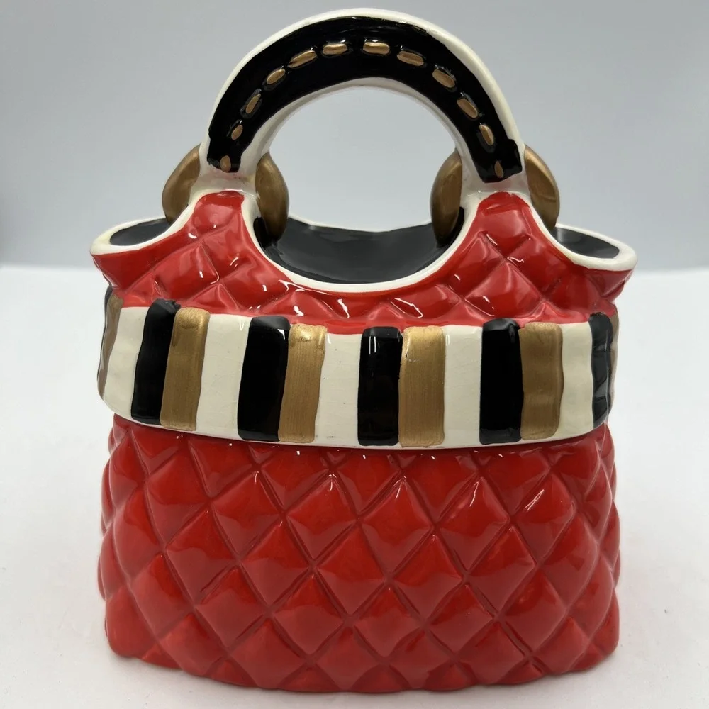 David's Cookies Mini Purse Cookie Jar Red, Black,‎ White, Gold 6 1/2